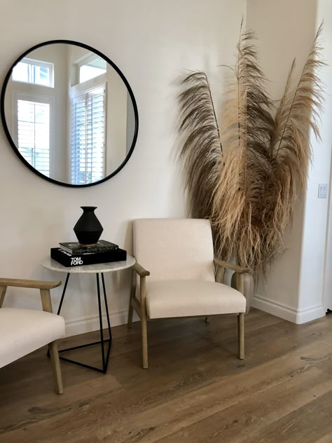 Mirror At Entryway, Chair Entryway Ideas, Entryway Chairs Front Entry, Entry Mirror Ideas, Curved Entryway Ideas, Entryway Chair Ideas, Entryway Room Ideas, Apartment Foyer Ideas, Little Living Room Ideas