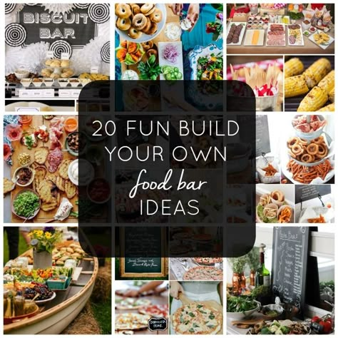 20 Fun Build Your Own Food Bar Ideas http://intentionalhospitality.com/20-fun-build-your-own-food-bar-menu-ideas/ Diy Dinner Bar Ideas, Food And Drink Bar Ideas, Dinner Ideas For Groups Friends, Best Food Bars For Parties, Lunch Get Together Ideas Friends, 40th Birthday Menu Ideas, Different Food Bars Party Ideas, Diy Food Bars For Parties, Build Your Own Food Bar Ideas