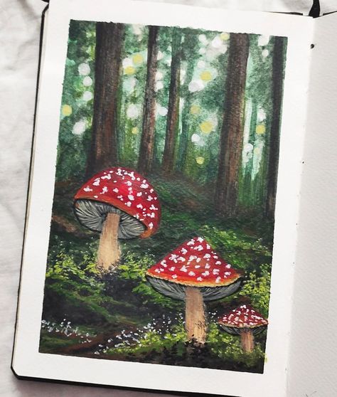 Painted this on our art date 🍄✨but I'm tooo tooo late to post this now🏃🙂. . . #mushrooms #gouacheart #artoftheday #mixart #sketchbookart #autumnfeels #acrylicpainting Mushroom Art Canvas, Cute Paintings Mushroom, Gouache Mushroom Painting, Mushroom Oil Pastels, Toadstool Painting, Gouache Mushroom, Acrylic Mushroom Painting, Cute Mushroom Painting, Trippy Mushroom Painting