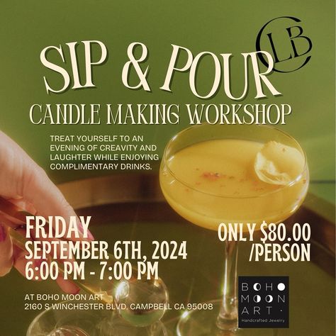 🕯️ Sip, Pour & Create Your Own Luxury Candle! 🍷 Join us for an unforgettable candle-making experience at our Sip & Poured Workshop! Learn the art of pouring your own luxurious handmade candle, all while sipping on your favorite wine. 🪔Choose your scent. 🕯️ Pour your candle. 🍷 Sip, relax, and enjoy. Whether you’re a candle lover or just looking for a unique way to unwind, this workshop is perfect for you. Bring a friend, sip some wine, and take home 2 candles that’s uniquely yours! 🗓️ Date... Candle Workshop, Candle Lover, 2 Candles, Bring A Friend, Luxury Candle, Handmade Candle, Luxury Candles, Handmade Candles, Candle Making