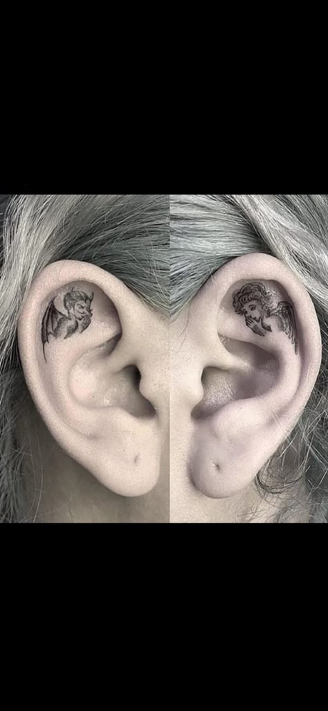 Angel Whispering In Ear Tattoo Design, Belly Tattoo Design, Belly Tattoo Ideas, Tattoo Ideas Male, Female Belly, Inner Ear Tattoo, Angel Devil Tattoo, Angel Y Diablo, Tattoos Male