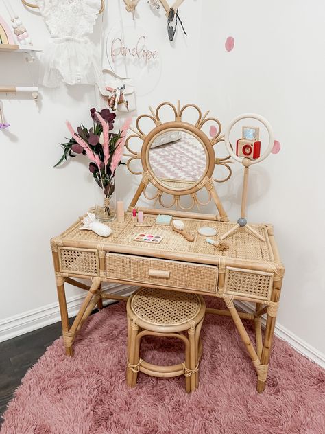 Boho Pink Toddler Room, Rattan Toddler Bed, Toddler Makeup Vanity, Boho Toddler Bedding, Girl Vanity Ideas Kids, Boho Toddler Bed, Kids Vanity Ideas, Rattan Girls Bedroom, Toddler Vanity Ideas