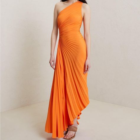 The Delfina Dress Is Asymmetrically Draped And Pleated In A Cheery Tangerine. This One-Shoulder Silhouette Features A Confident Side Cutout And High-Low Hem. 100% Polyester Machine Wash Cold In Net Bag, Gentle Cycle Wash With Like Colours, Non Chlorine Bleach When Needed, Tumble Dry Low, Cool Iron If Needed Or Dry Clean Partly Lined Side Zip Length 60" Size And Fit: Model Is 5'10 1/2" Wearing Size 4 Bust 31", Waist 24", Hips 35" Size 4 New With Tags Color: Orange, Tangerine, Citrus Bodycon Gown, Womens Prom Dresses, Solid Color Dress, High Quality Dress, Shoulder Cut, Orange Dress, Evening Attire, Flowing Maxi Dress, Pleated Dress