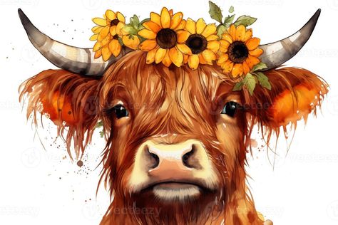 Flowers On Head Painting, Sunflower Tattoo Stencil, Cow And Sunflower, Cow With Flowers, Fluffy Cow, Head Painting, Flower On Head, Cow Sunflower, Sunflower Svg