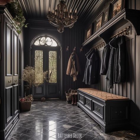 Dark Traditional Interior, Modern Victorian Mudroom, Dark Moody House Aesthetic, Goth Townhouse, Gothic House Living Room, Goth Mudroom, Victorian Goth Interior Design, Gothic Scandinavian Interior, Black Victorian House Interiors