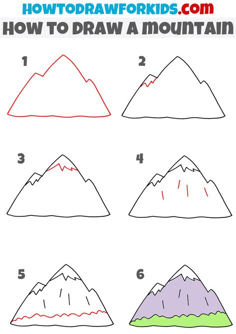 How To Draw Mountains Step By Step, How To Draw A Mountain, Draw A Mountain, How To Draw Mountains, Directed Drawing Kindergarten, Landscape Drawing Tutorial, Third Grade Art, Easy Art For Kids, Cartoon Style Drawing