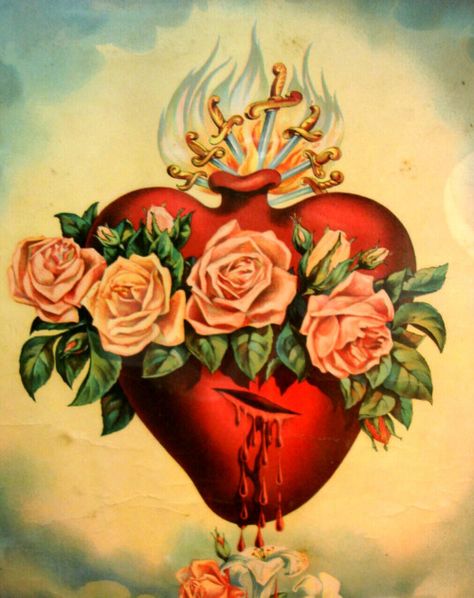 An early 20th century lithograph of the Immaculate Heart of Mary. Sacred Heart Art, Sacred Heart Tattoos, Heart Of Jesus, Blessed Virgin Mary, Catholic Art, Mexican Art, Blessed Mother, Mexican Folk Art, Sacred Art