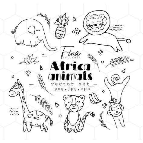 Africa Safari Tattoo, Africa Doodles Art, Safari Doodles, Outline Of Africa, Zoo Animal Doodles, African Wild Dog Illustration, Toddler Drawing, Safari Kids, Toddler Organization