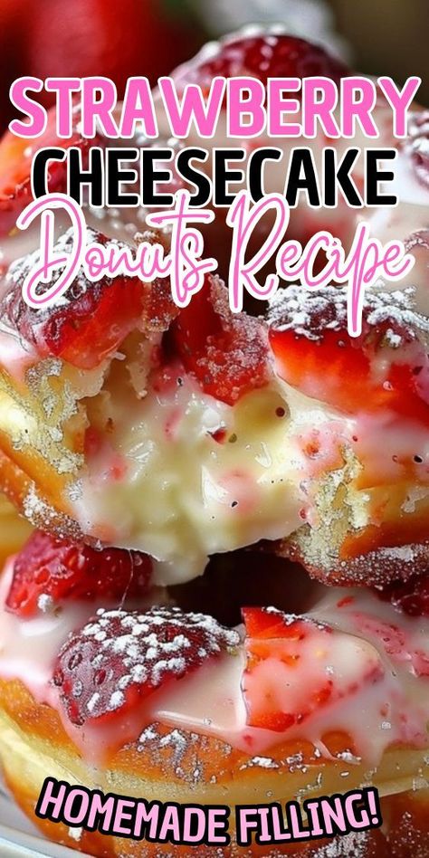 Strawberry Cheesecake Donuts with strawberries in the batter, topped with a cream cheese glaze and strawberry coulis. Strawberry Cream Cheese Donut, Strawberry Filled Doughnut, Cheesecake Donuts Recipe, Strawberry Cheesecake Stuffed Doughnut, Strawberry Cheesecake Donut, Shortcake Recipes, Strawberry Coulis, Strawberry Shortcake Cheesecake, Strawberry Donuts