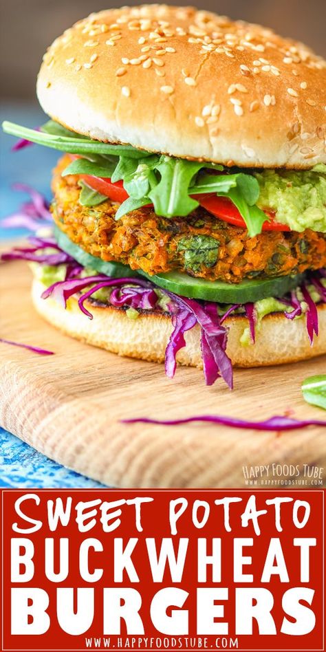 Vegetarian Sweet Potato and Buckwheat Burger Recipe. Easy to make meat free patties. #vegetarian #burgers #sweetpotato #vegan #glutenfree #buckwheat #veggie #patties #easyrecipe #homecooking #hamburger #meatfree via @happyfoodstube Sweet Potato Veggie Burger, Vegetarian Burger Recipe, Vegetarian Burgers, Sweet Potato Burgers, Veggie Patties, Vegetable Snacks, Meat Free Recipes, Vegan Beans, Veggie Burgers