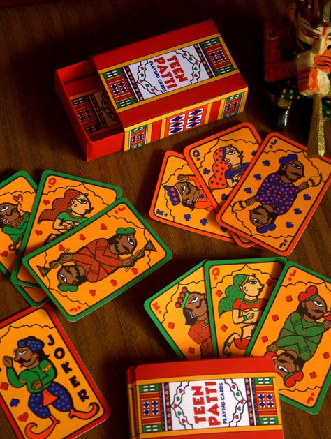 Indian Playing Cards, Card Game Packaging Design, Calander Design, Indian Graphic Design, Indian Truck Art, Tholu Bommalata, Indian Truck, Indians Game, Game Card Design