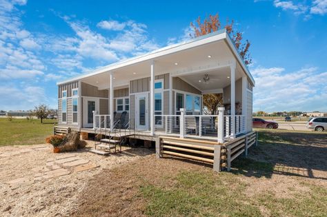 Oversized Tiny House With Wraparound Porch! Homes With Wrap Around Porches, Tiny Homes For Sale, Park Model Rv, Wraparound Porch, Park Model Homes, Backyard Cottage, Tiny House Builders, Tiny House Community, Tiny Cabins