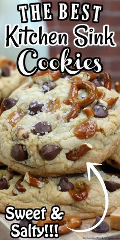 Chocolate Chip Cookies With Pretzels, Pretzels With Caramel, Cookies With Pretzels, Kitchen Sink Cookies Recipe, Sink Cookies, Kitchen Sink Cookies, Pretzel Cookies, Caramel Desserts, Soft Cookie