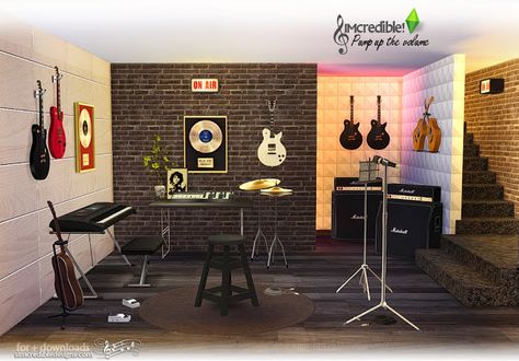 Sims 4 CC's - The Best: Pump Up The Volume Music Room Set by SIMcredible! Casa Rock, Volume Music, Pump Up The Volume, Sims 4 Blog, Sims 4 Studio, Sims 4 Bedroom, Sims 4 Clutter, Music Studio Room, The Sims 4 Packs