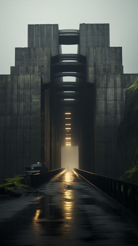 ultra wide angke cinematic photo of a mesmerically moody dark and gloomy massively monolithic scandinavian minimalism brutalist futuristic structure on an desert eastern town junction between two worlds with rainy humid and freezing and dust styled Brutalist Fantasy City, Brutalist Architecture Soviet, Brutalist Skyscraper, Futuristic Brutalism, Brutalist Aesthetic, Dark And Gloomy, Palm Tree Photography, Sci Fi Landscape, Driveway Lighting