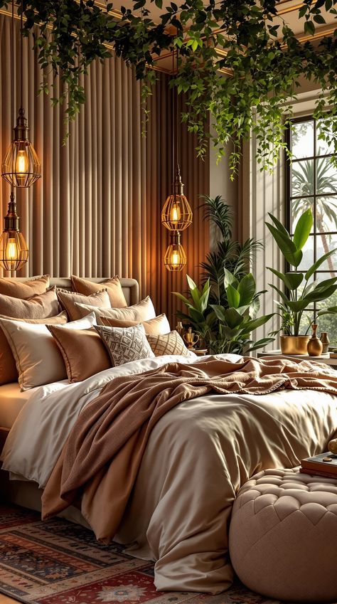 Luxury Boho Bedroom Ideas Cheetah Boho Bedroom, Boho Velvet Bedroom, Chic Bohemian Bedroom, Neutral Boho Bedroom Decorating Ideas, Boho Room Decor Bedroom, Earthy Bedroom Canopy Bed, Luxe Boho Bedroom, Sultry Bedroom Aesthetic, Boho Glam Interior Design