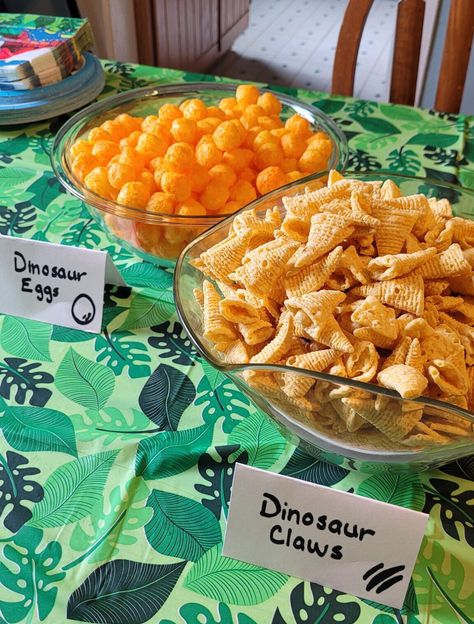 How to Throw a Roaring Three Rex Birthday Party on a Budget - Beautifully Busy Mom Snacks For Dinosaur Birthday Party, Jurrasic Park 2nd Birthday Party, Three Rex Birthday Party Centerpieces, 3 Rex Bday Party, Dino Birthday Snacks, Three Saurus Party, Three Rex Birthday Food, T Rex 3rd Birthday, 3 Rex Birthday Photoshoot