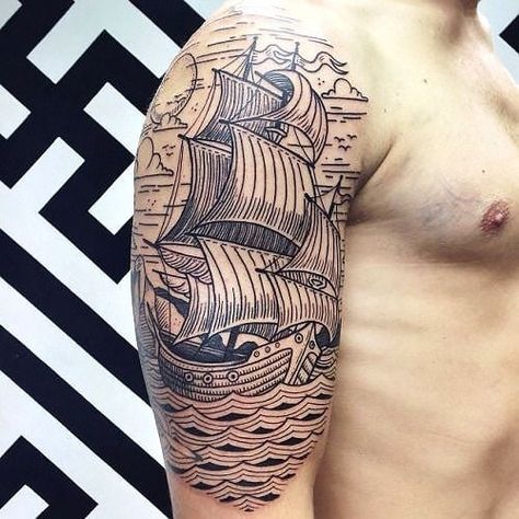 60 Cool Half Sleeve Tattoo Ideas for Men in 2023 Ship Tattoo Sleeves, Pirate Ship Tattoos, Ship Tattoos, Nautical Tattoo Sleeve, Nautical Tattoos, Best Tattoos For Men, Etching Tattoo, Woodcut Tattoo, Cool Half Sleeve Tattoos