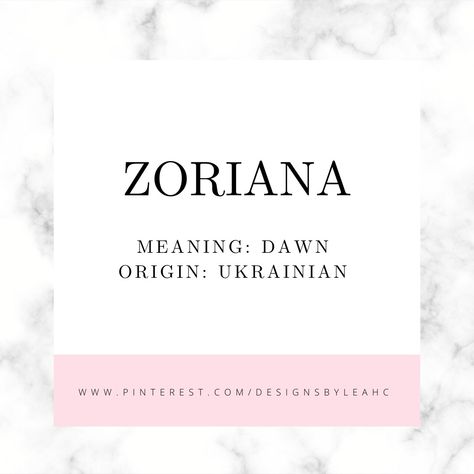 Baby Girl Name: Zoriana. Meaning: Dawn. Origin: Ukrainian. www.pinterest.com/designsbyleahc Ukrainian Names, Heavenly Names, Story Names, Baby Girl Name, Names Ideas, Girl Name, Character Names, Names With Meaning, Baby Things