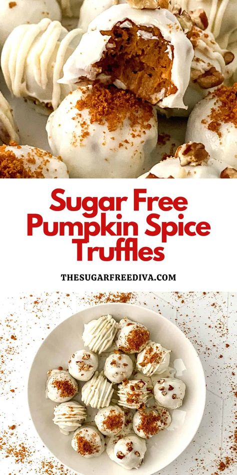 Sugar Free Pumpkin Spice Truffles, a simple no bake candy coated dessert or snack recipe made with no added sugar. Dieabitic Dessert Recipes, Sugar Free Fall Desserts, Sugar Free Candy Recipes, Pumpkin Spice Truffles, Sugar Free Truffles, No Bake Candy, Sugar Free Cookie Recipes, Pumpkin Spice Desserts, Sugar Free Desserts Easy