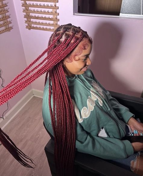 Burgundy Knotless Braids With Curls, Knotless Box Braids Small Color 350, Burgundy Hair Knotless Braids, Long Burgundy Knotless Box Braids, Red Knotless Box Braids Medium, Burgundy Braids With Black Roots, Dark Burgundy Knotless Braids, Red Braids With Curls At The End, Black To Red Braids