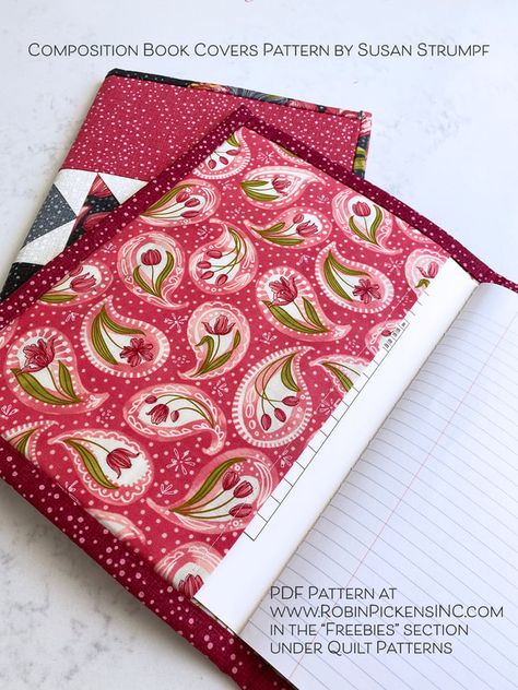 Composition Book Cover from Susan Strumpf- Free Pattern - Robin Pickens Book Covers Sewing, Composition Book Cover Template, Composition Book Cover Pattern, Journal Cover Sewing Pattern, Quilted Journal Cover Pattern, Quilt Book Cover, Composition Book Cover, Leaves Blowing, Fabric Spiral Notebook Cover