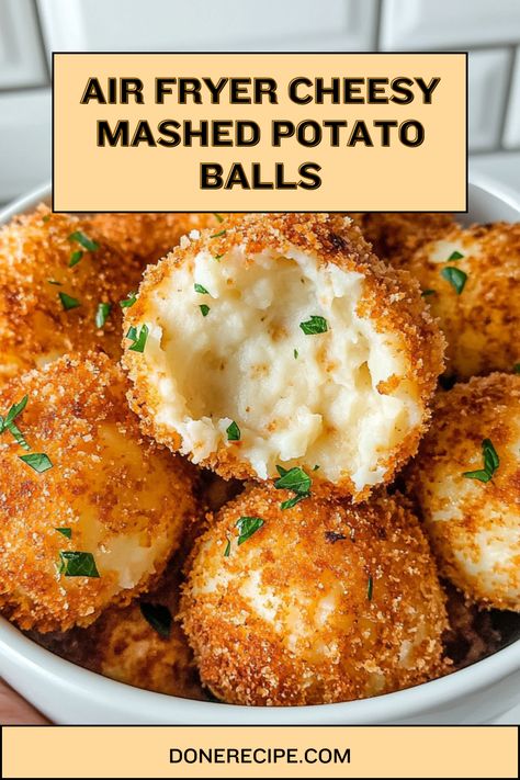 These Air Fryer Cheesy Mashed Potato Balls are crispy on the outside, soft on the inside, and bursting with gooey, cheesy goodness! Perfect as a snack, appetizer, or side dish, they’re easy to make and incredibly satisfying. Plus, they’re a great way to use up leftover mashed potatoes! Mash Potato Balls Fried, Air Fryer Sesame Balls, Superbowl Food Potatoes, Potato Balls Recipe Air Fryer, Leftover Mashed Potato Appetizer, Easy Side Dishes Air Fryer, Air Fried Mashed Potato Balls, Mashed Potatoes Balls Air Fryer, Air Fried Potato Balls