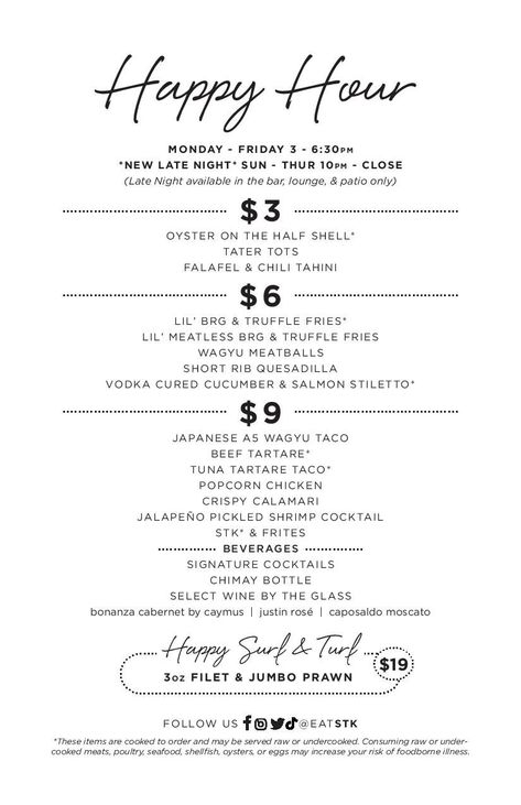 Happy Hour Menu Design, Happy Hour Menu Ideas, A5 Wagyu, Happy Hour Menu, Happy Hour Specials, After Work Drinks, Truffle Fries, Surf Turf, Specialty Cocktail