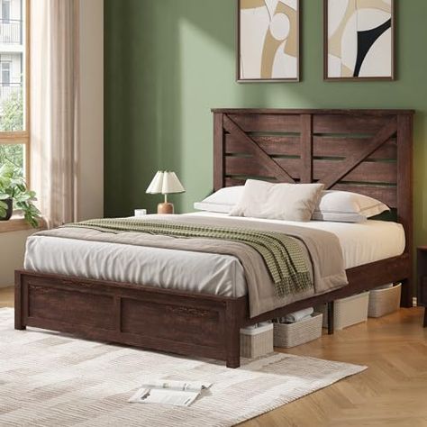 Headboard Farmhouse, Farmhouse Beds, Farmhouse Bed Frame, Farmhouse Bed, King Size Platform Bed, Brown Rooms, Full Size Platform Bed, Underbed Storage, Queen Size Platform Bed