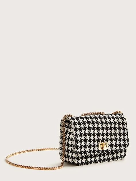 Twist Lock Houndstooth Chain Bag | SHEIN USA Black Sling Bag, Sling Bags Women, Side Purses, Small Sling Bag, Trendy Purses, Luxury Bags Collection, Zara Bags, Girly Bags, Luxury Purses