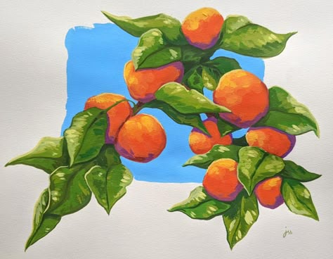 Oranges Gouache Painting, Guache Leaves, Orange Gouache Painting, Gouache Painting Fruit, Realistic Gouache Painting, Easy Guache, Mandarin Painting, Leaves Gouache, Gouache Orange