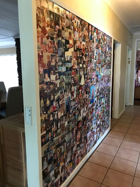 Photos On Ceiling, Wall Covered In Pictures, Photo Collage Walls, Family Photos Wall Decor, Collage Walls, Women Cave, Family Gallery Wall, Photo Arrangement, Plywood Walls