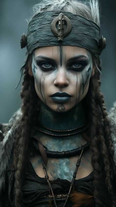 Viking Witch Costume Female Diy, Warpaint Makeup, Vikings Women, Woman Viking, Warrior Makeup, Viking Makeup, Female Viking, Vikings Halloween, Viking Warrior Woman