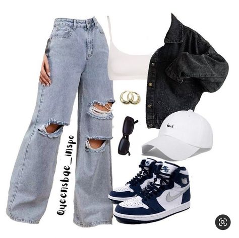 Ripped Jean Outfit Ideas, Ripped Jeans And Crop Top Outfit, Black Crop Top And Jeans Outfit, Ripped Jean Jacket Outfit, Black Top And Blue Jeans Outfit, Blue Jeans And Black Top Outfit, Crop Jeans Jacket Outfit, Fit Inspo Blue Jeans, Black Ripped Jeans Outfit Summer