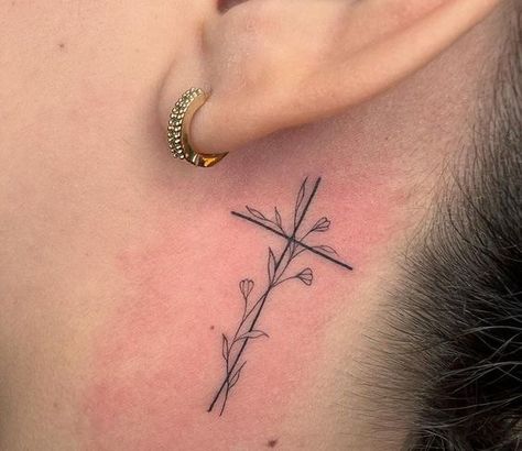 Cross tattoo behind ear. Cross With Vines And Flowers Tattoo, Behind Ear Tats Cross, Behind The Ear Tattoo Ideas Christian, Behind The Ear Tattoo Ideas Cross, Small Cross Tattoo Behind Ear, Cross Tattoos For Women Behind The Ear, Cross Behind The Ear Tattoo, Cross Ear Tattoo, Behind Ear Cross Tattoo