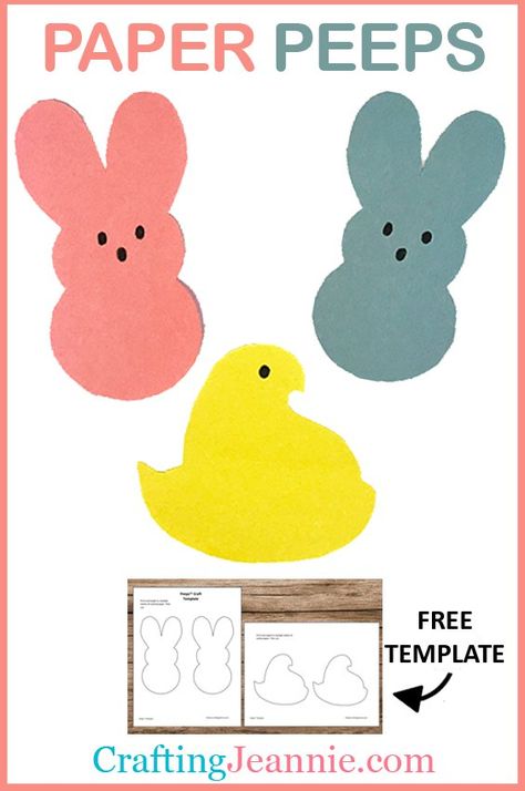 Make these easy Paper Peeps! Get the Free Template and make a bunch. This Peeps craft is a Perfect Easter craft for Preschool, Pre-K, kindergarten, homeschool, nursery school and more. #CraftingJeannie #Preschoolcrafts #Kindergarten #Eastercrafts #SpringCraft #eastercraft #easterkidcraft #kidcraft #Peeps #easykidcraft Boy Scout Crafts, Kindergarten Easter Crafts, Peeps Crafts, Craft For Preschool, Classroom Preschool, Prek Crafts, Easter Crafts Preschool, Easter Preschool, Easter Printables Free