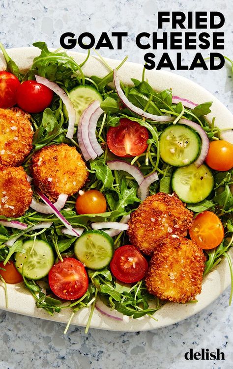 Your Salad Isn't Complete Without Fried Goat Cheese CroutonsDelish Fried Goat Cheese Salad, Bacon Pea Salad, Cucumber Goat Cheese, Fried Goat Cheese, Cheese Croutons, Arugula Salad Recipes, Christmas Salads, Goat Cheese Recipes, Spring Dinner