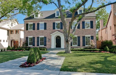 Pink brick with charcoal shutters Pink Brick House, Traditional Shutters, Glass Railings, Exterior House Remodel, Black Shutters, House Shutters, Diy House Renovations, Exterior Renovation, Brick Exterior House