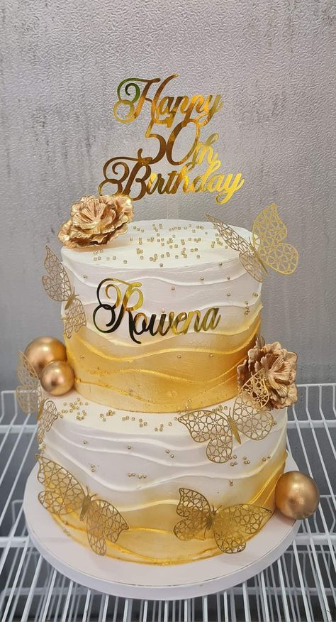 50th Birthday Cake Designs For Women, Yellow And Gold Cake, Cake 50th Birthday Woman, 50th Birthday Cake Designs, Happy Birthday Aesthetic, 50th Birthday Cake For Women, Simple Baby Shower Cake, Cake Bday, Girly Birthday Cakes