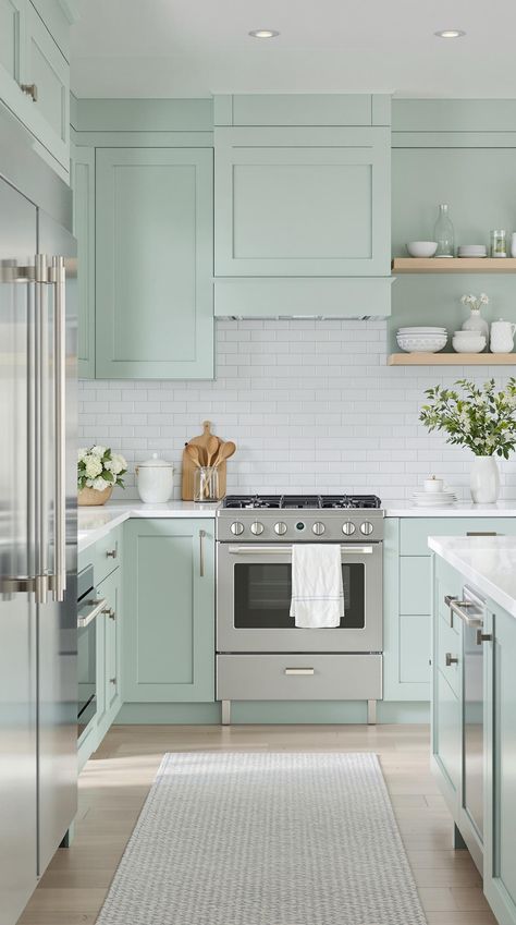 Coastal Kitchen Designs Sherwin Williams Topsail Kitchen, Coastal Green Kitchen Cabinets, Seafoam Blue Kitchen, Beach House Kitchen Cabinet Colors, Seafoam Kitchen Cabinets, Coastal Kitchen Cabinets Paint Colors, Light Green And White Kitchen, Small Tropical Kitchen, Coastal Kitchen Cabinet Colors