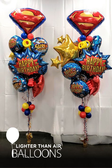 This is our "Birthday Best" Bouquet, all foil balloons with latex embellishments. Perfect for a superman or superhero birthday party, party decor, balloon decor. Superman Balloon Decorations, Superman Birthday Party Decorations, Best Bouquet, Comic Balloon, Spiderman Balloon, Baby Dedication Party, Blaze And The Monster Machines Party, Superman Birthday Party, Twins Party