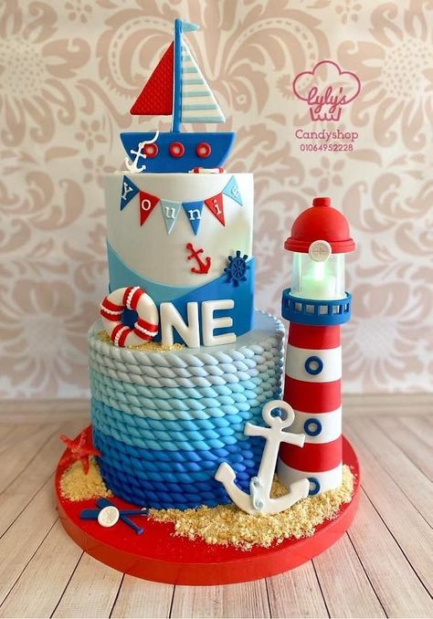 Lighthouse Cake, Nautical Birthday Cakes, Sailor Cake, Marine Cake, Anchor Birthday, 1st Birthday Boy Themes, Sailor Birthday, Boat Cake, Nautical Birthday Party