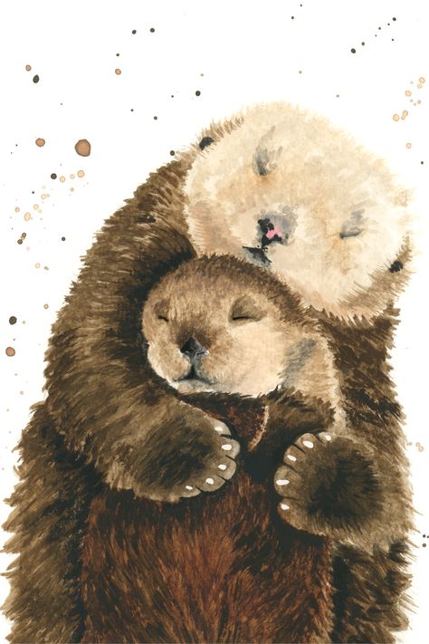 An adorable parent and one baby otter enjoying a hug. Beige fur faces and brown fur covering the rest of their bodies. This is showing from the middle of their bodies upwards. Their eyes are closed as they enjoy their embrace Otter Clipart, Otter Family, Baby Animal Painting, Polar Bear Drawing, Mother And Baby Animals, Scrapbooking Printables, Otter Art, Baby Otter, Otter Gifts