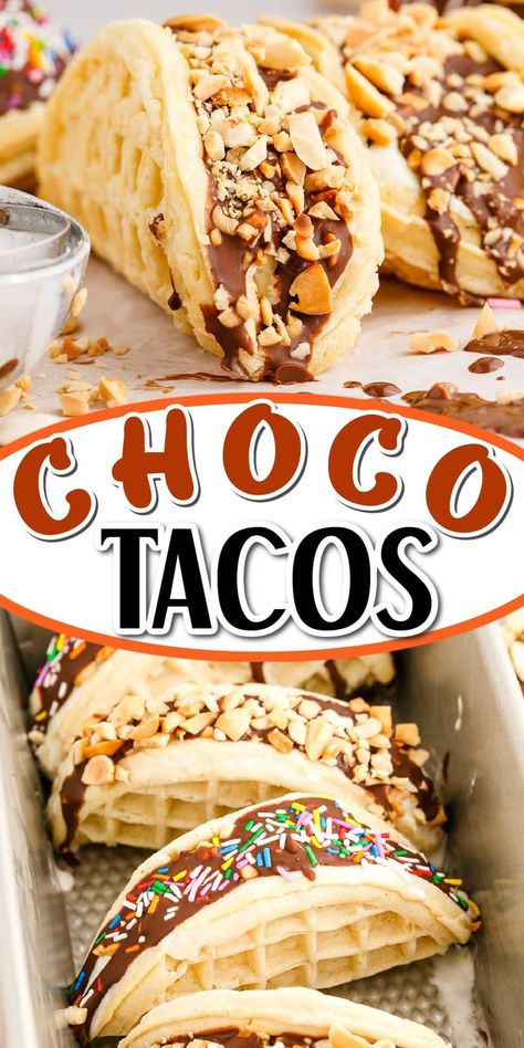 Mary Makes It Easy Ice Cream Tacos, Waffle Taco Ice Cream, Taco Inspired Desserts, Sweet Burrito Dessert, Taco Party Desserts, Cheesecake Tacos Easy, Loaded Cheesecake Tacos, Desert Tacos Recipes, Diy Choco Taco