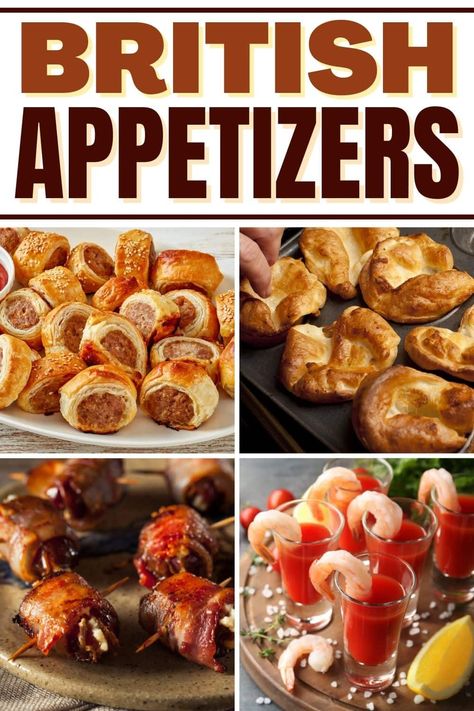 Get a taste from across the pond with these authentic British appetizers. From sausage rolls to Yorkshire pudding to Welsh rarebit, you'll feel like a true Brit with these recipes. British Food Appetizers, British Buffet Ideas, British Appetizers Parties, British Starters Food Recipes, British Hors D'oeuvres, Great British Bake Off Recipes Savory, British Easter Recipes, British Charcuterie Board, Sausage Roll Appetizer