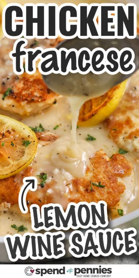 Chicken Francese is the perfect way to bring a taste of Italy to your dinner table! Tender chicken cutlets are coated in a Parmesan-lemon egg wash, then browned and simmered in a luscious lemon, garlic, and white wine sauce. This dish is both elegant and simple, making it ideal for weeknight dinners or special occasions. Serve it with your favorite sides for a meal everyone will love! #spendwithpennies Lemon Wine Sauce, Easy Homemade Lasagna, Lemon Wine, Chicken Francese, Chicken Cutlet Recipes, Easy Main Dishes, Homemade Lasagna, Meatless Main Dishes, White Wine Sauce