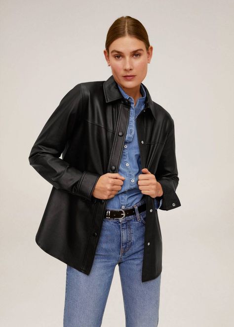 Sienna Miller Found My Ideal Leather Jacket for $250 at Mango | Who What Wear Leather Overshirt Outfit, Leather Shacket Outfit, Mango Looks, Overshirt Women, Shacket Outfit, Popular Jeans, Knit Denim, Sienna Miller, Mama Style