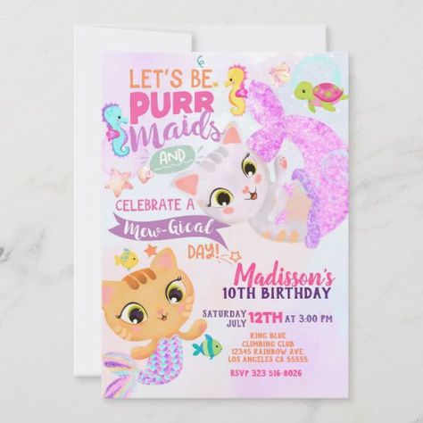 $ 3.13 | Cat Mermaid Purrmaids Birthday Invitation - pool party, mercat party, under the sea invite, mermaid kitty, cat, mermaid, under, sea, meowmaid Kitty Mermaid Birthday Party, Mercat Birthday Party, Cat Birthday Party Invitations, Cat Birthday Invitations, Cat Mermaid, Under Sea, Summer Party Invitations, Mermaid Invitations, Mermaid Birthday Invitations