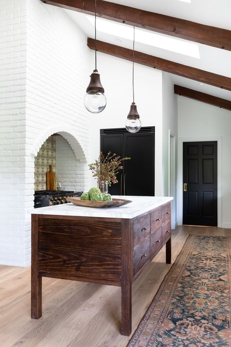 Cabinets White, Kitchen Wood, Cabinet Wood, Kitschy Kitchen, Classic Kitchen, Brick Walls, Wood Handles, La Crosse, White Countertops