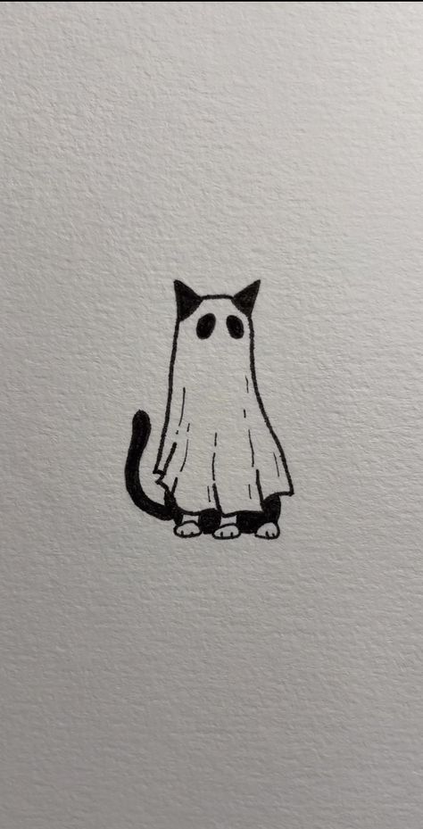 Cute Cat Flash Tattoos, Ghost And Cat Tattoo, Ghost Animal Tattoo, Calico Cat Tattoo Small, Ghost Cat Drawing, Cat Ghost Tattoo, Spooky Best Friend Tattoos, Ghost Cat Tattoo, Cat Flash Tattoo